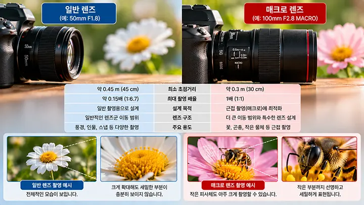 일반 렌즈와 매크로 렌즈의 최소 초점거리, 최대 촬영 배율, 렌즈 구조와 접사 성능을 비교한 이미지