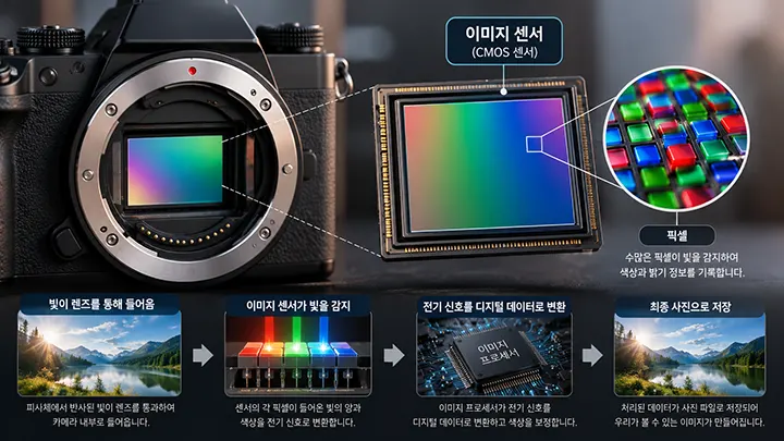 카메라 내부의 CMOS 이미지 센서와 RGB 픽셀 구조를 보여주는 인포그래픽으로, 렌즈를 통과한 빛이 센서에 감지되고 전기 신호와 디지털 데이터로 변환되어 사진으로 저장되는 과정을 설명하고 있다.