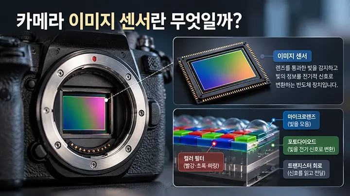 미러리스 카메라 내부의 이미지 센서와 마이크로렌즈, RGB 컬러 필터, 포토다이오드, 트랜지스터 회로의 구조 및 빛을 전기 신호로 변환하는 원리를 설명하는 이미지