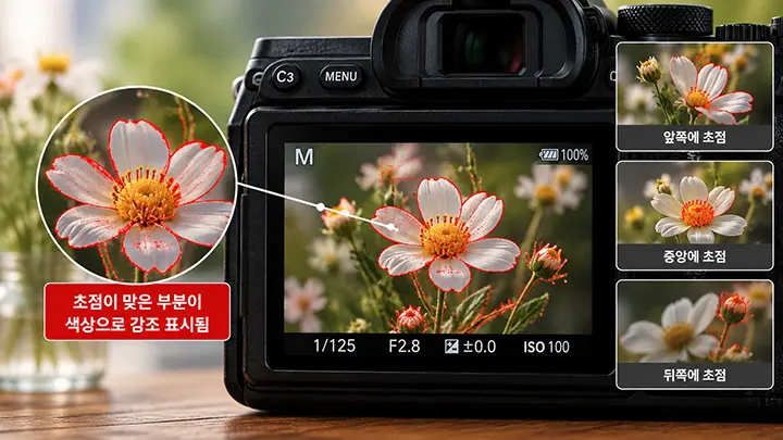카메라 화면에서 초점이 맞은 꽃의 윤곽을 빨간색으로 표시하는 포커스 피킹 기능