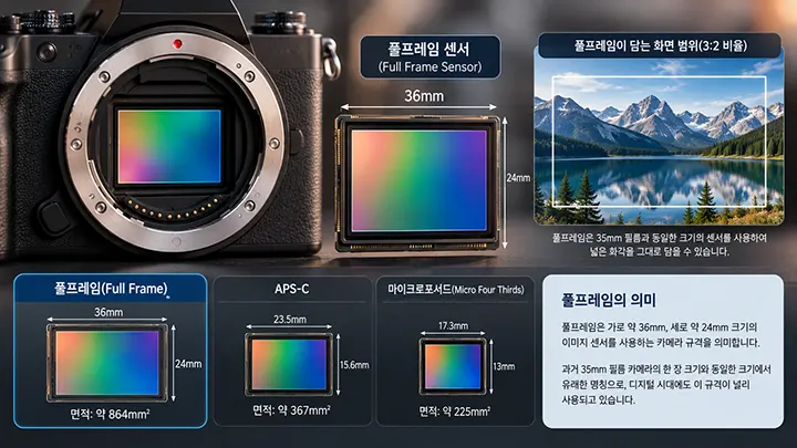 풀프레임 카메라의 이미지 센서와 36×24mm 크기를 보여주는 인포그래픽으로, 풀프레임·APS-C·마이크로포서드 센서의 크기와 면적을 비교하고 풀프레임 센서의 특징을 설명하고 있다.